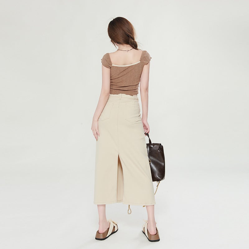 Apricot A-Line Denim Skirt For Women 2025 American Style High-Waisted Slim-Fitting Hip-Hugging Mid-Length Skirt - Image 5