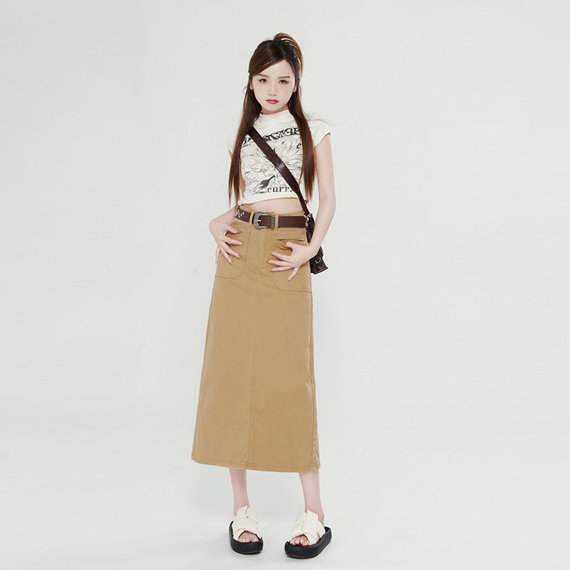 Apricot A-Line Denim Skirt For Women 2025 American Style High-Waisted Slim-Fitting Hip-Hugging Mid-Length Skirt - Image 1