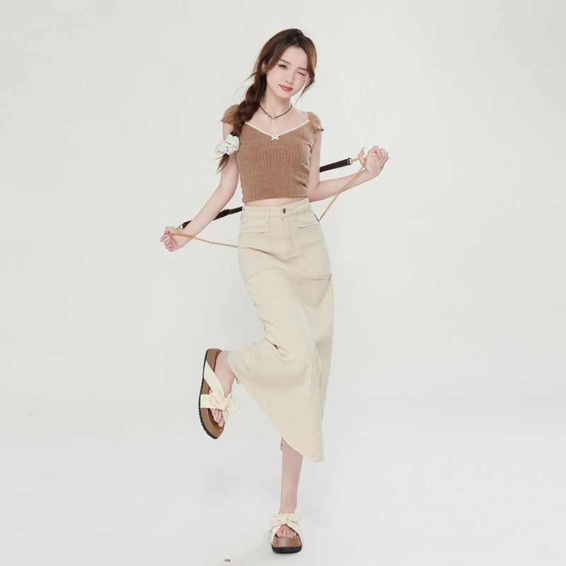 Apricot A-Line Denim Skirt For Women 2025 American Style High-Waisted Slim-Fitting Hip-Hugging Mid-Length Skirt - Image 4