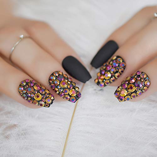 EchiQ Frosted Coffin Nails Set Crystal Press On Nails Matte Black Medium False Nails Custom 24pcs - Image 4