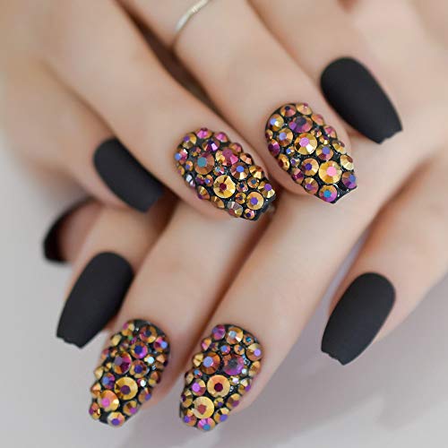 EchiQ Frosted Coffin Nails Set Crystal Press On Nails Matte Black Medium False Nails Custom 24pcs - Image 5