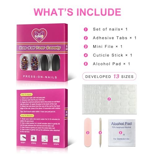 EchiQ Frosted Coffin Nails Set Crystal Press On Nails Matte Black Medium False Nails Custom 24pcs - Image 2