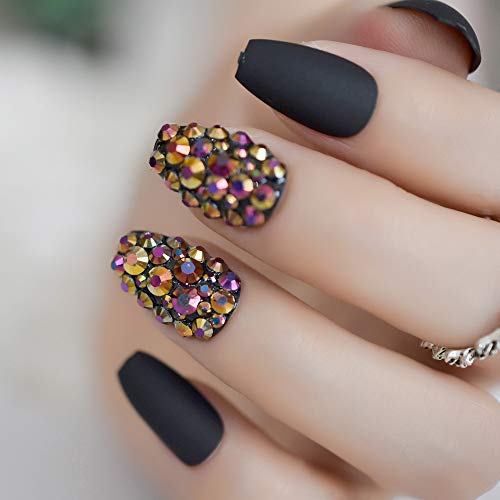 EchiQ Frosted Coffin Nails Set Crystal Press On Nails Matte Black Medium False Nails Custom 24pcs - Image 3