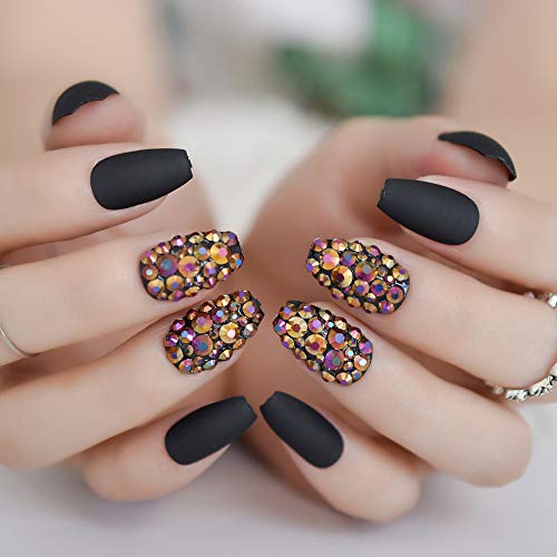 EchiQ Frosted Coffin Nails Set Crystal Press On Nails Matte Black Medium False Nails Custom 24pcs - Image 1