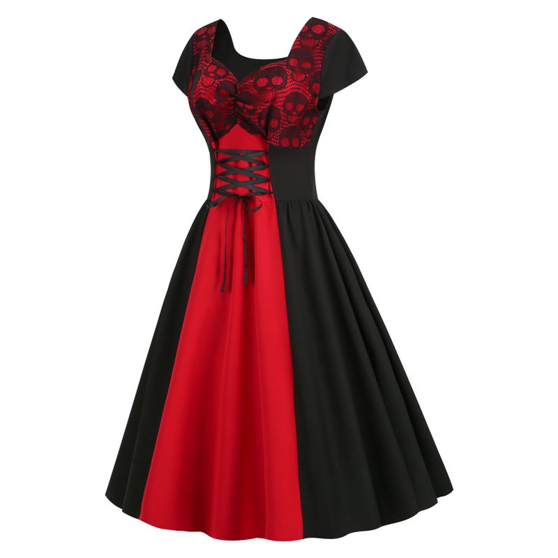 European American Summer Short Sleeve Lace Black Red Patchwork Halloween Vintage Fitted Dress 8056 - Image 2