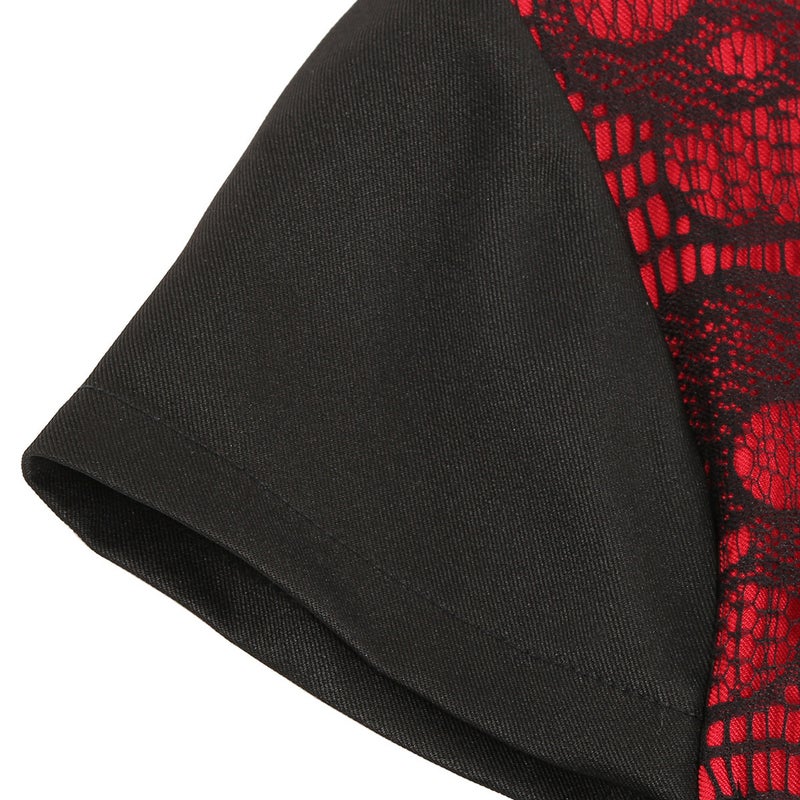 European American Summer Short Sleeve Lace Black Red Patchwork Halloween Vintage Fitted Dress 8056 - Image 4