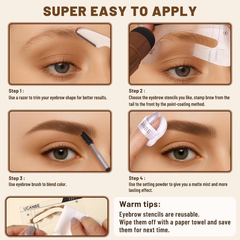 UCANBE 25PCS Eyebrow Stamp Stencil Kit With Dual-Color Eyebrow Stamp Pomade,20 Reusable Eyebrow Stencils,Finising Powder,Brush,Eyebrow Razor,Zipper Pouch,Waterproof Eye Brow Stamping and Shaping Kit02 - Image 5