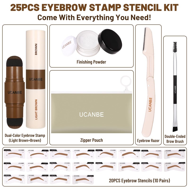 UCANBE 25PCS Eyebrow Stamp Stencil Kit With Dual-Color Eyebrow Stamp Pomade,20 Reusable Eyebrow Stencils,Finising Powder,Brush,Eyebrow Razor,Zipper Pouch,Waterproof Eye Brow Stamping and Shaping Kit02 - Image 2