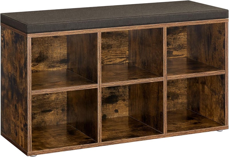 VASAGLE Shoe Bench Shoe Rack with Seat, Bench with Storage Space, Cushion, 6 Compartments, Adjustable Shelves for Hallway, Bedroom, 30 x 87 x 48 cm, Vintage Brown-Grey - Image 1