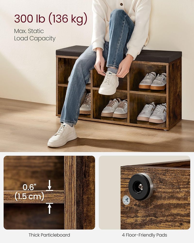 VASAGLE Shoe Bench Shoe Rack with Seat, Bench with Storage Space, Cushion, 6 Compartments, Adjustable Shelves for Hallway, Bedroom, 30 x 87 x 48 cm, Vintage Brown-Grey - Image 4