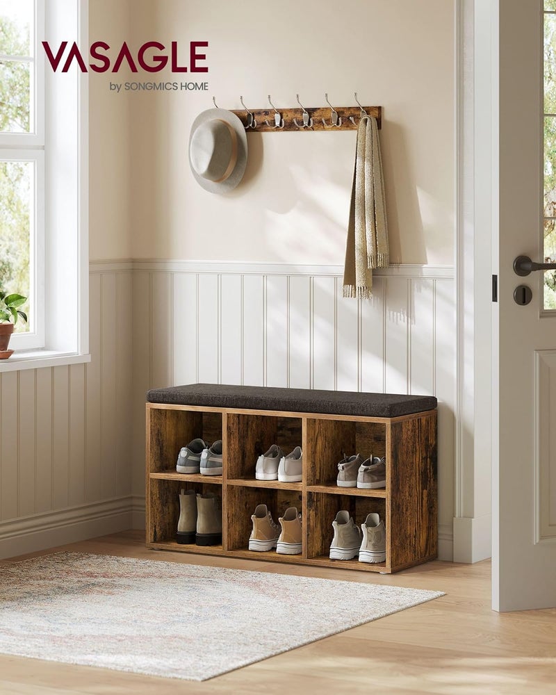 VASAGLE Shoe Bench Shoe Rack with Seat, Bench with Storage Space, Cushion, 6 Compartments, Adjustable Shelves for Hallway, Bedroom, 30 x 87 x 48 cm, Vintage Brown-Grey - Image 2
