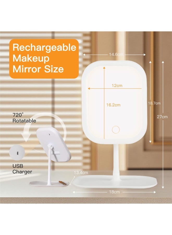 Rechargeable Makeup Vanity Mirror with LED Lights,Portable Lighted Makeup Beauty Mirror,3 Color Changeable Lighting,Dimmable Touch Screen,720°Rotation LED Cosmetic Mirror with Lights (White) - Image 3