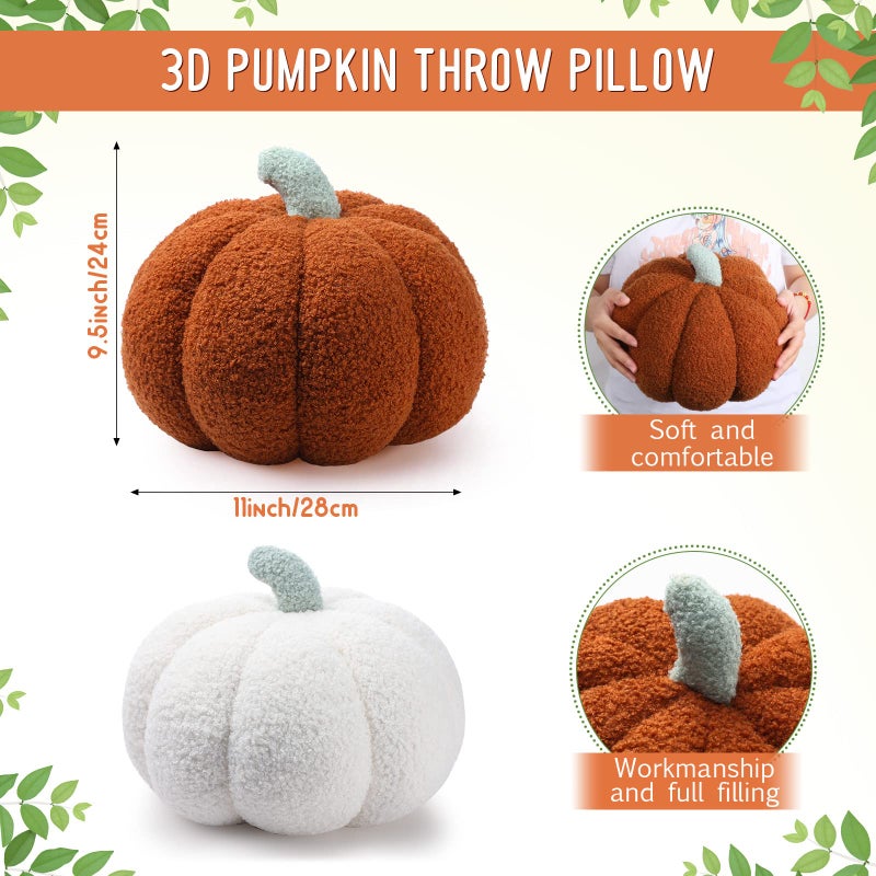 Kajaia 2 Pieces Simulated Pumpkin Pillow Plush Pillow 3D Pumpkin Shaped Pillow Cozy Fall Decorations Stuffed Throw Pillows for Thanksgiving Christmas Halloween Bedroom Sofa Couch Supplies (White  Brown) - Image 2