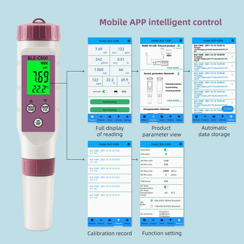 PH Meter Digital 7 in 1 PH/TDS/EC/ORP/SG/Salinity/Temp Meter with ATC 0.01 Resolution High Accuracy PH Tester for Drinking Water Hydroponics Fish Tank Aquarium Swimming Pool - Image 3