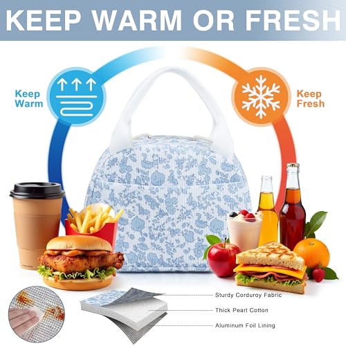 TESAFNG Lunch Bag - Insulated Lunch Box for Women, Reusable Large Capacity Cooler Bag for Adult, Small Leakproof Cute Corduroy Lunch Tote for Work Office Travel Picnic (Corduroy Blue-Flower) - Image 5