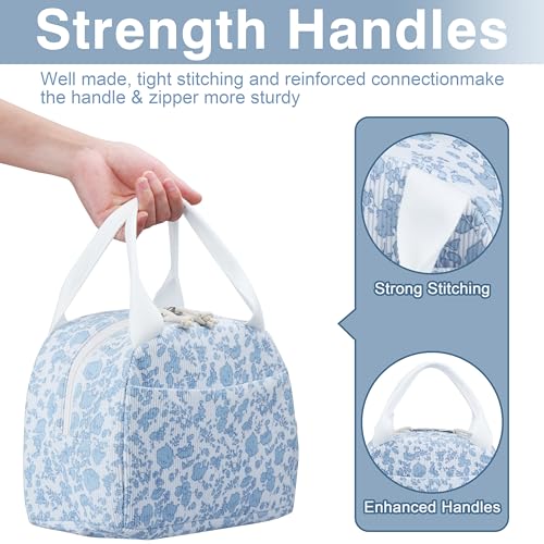 TESAFNG Lunch Bag - Insulated Lunch Box for Women, Reusable Large Capacity Cooler Bag for Adult, Small Leakproof Cute Corduroy Lunch Tote for Work Office Travel Picnic (Corduroy Blue-Flower) - Image 4