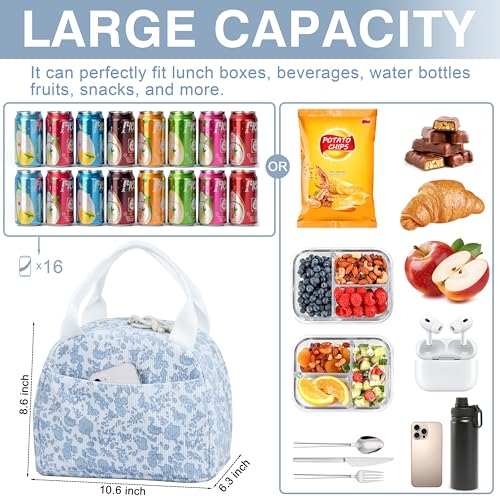 TESAFNG Lunch Bag - Insulated Lunch Box for Women, Reusable Large Capacity Cooler Bag for Adult, Small Leakproof Cute Corduroy Lunch Tote for Work Office Travel Picnic (Corduroy Blue-Flower) - Image 2