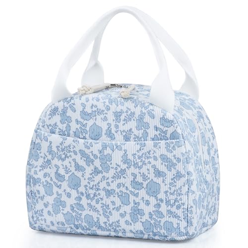 TESAFNG Lunch Bag - Insulated Lunch Box for Women, Reusable Large Capacity Cooler Bag for Adult, Small Leakproof Cute Corduroy Lunch Tote for Work Office Travel Picnic (Corduroy Blue-Flower) - Image 1