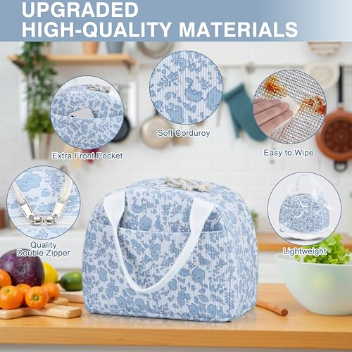 TESAFNG Lunch Bag - Insulated Lunch Box for Women, Reusable Large Capacity Cooler Bag for Adult, Small Leakproof Cute Corduroy Lunch Tote for Work Office Travel Picnic (Corduroy Blue-Flower) - Image 3