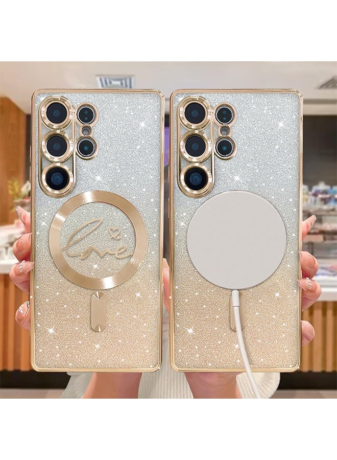 HY For Samsung Galaxy S25 Ultra Case Magnetic,for Women Girl Soft Cute Luxury Love Heart Plating Bling Gradient Glitter Clear Phone Case Compatible with MagSafe Shockproof Back Cover (Gold)  - Image 3