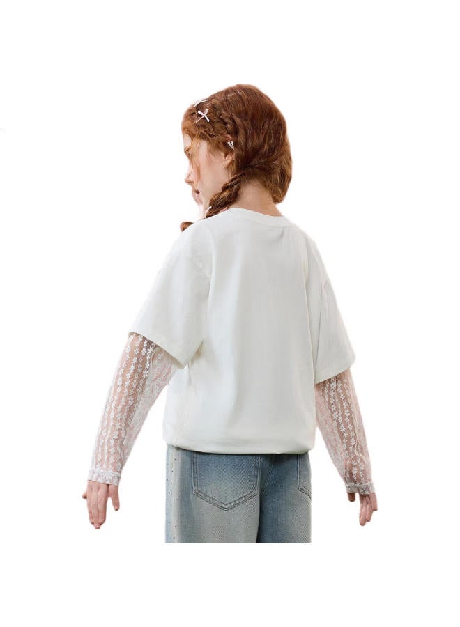 Ask Junior Fake Two-Piece Kids T-Shirt Spring Girls Butterfly Lace Long Sleeve Bottoming Round Neck Top Beige 160 - Image 2