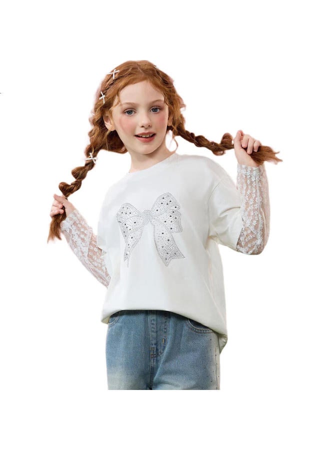 Ask Junior Fake Two-Piece Kids T-Shirt Spring Girls Butterfly Lace Long Sleeve Bottoming Round Neck Top Beige 160 - Image 1