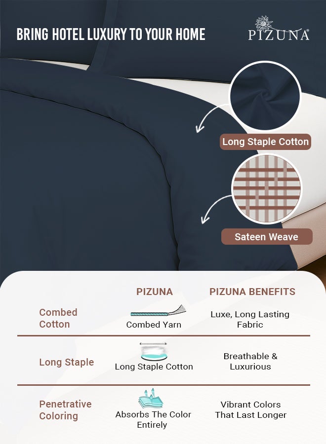 PIZUNA Pure Combed Cotton GCC King Duvet Cover 220x240 cm Dark Blue, 400 Thread Count Cool Breathable 100% Long Staple Cotton Sateen Weave Quilt Cover with 2 Pillowcases (Dark Blue Bedding Set) - Image 2