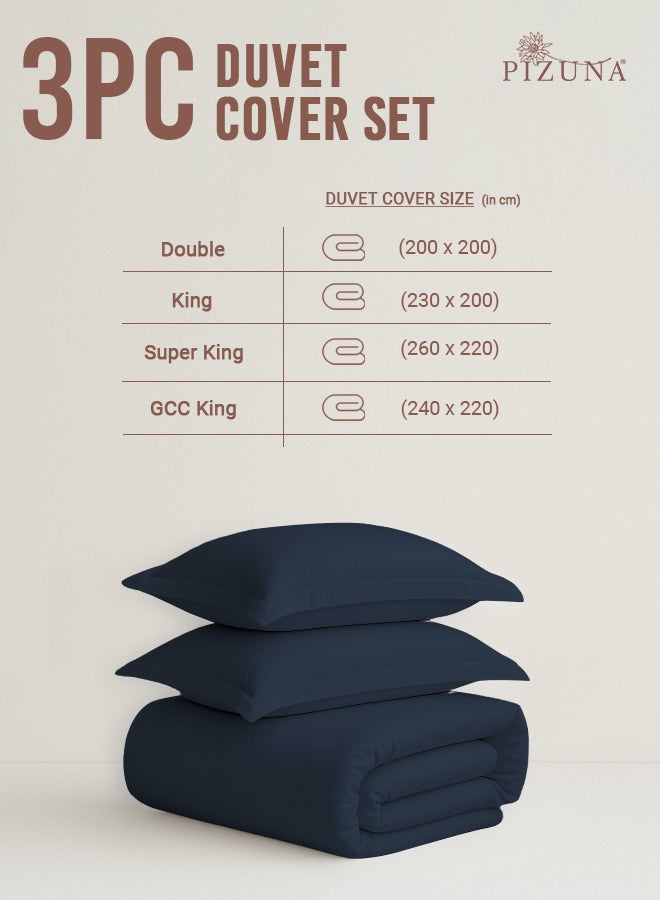 PIZUNA Pure Combed Cotton GCC King Duvet Cover 220x240 cm Dark Blue, 400 Thread Count Cool Breathable 100% Long Staple Cotton Sateen Weave Quilt Cover with 2 Pillowcases (Dark Blue Bedding Set) - Image 3