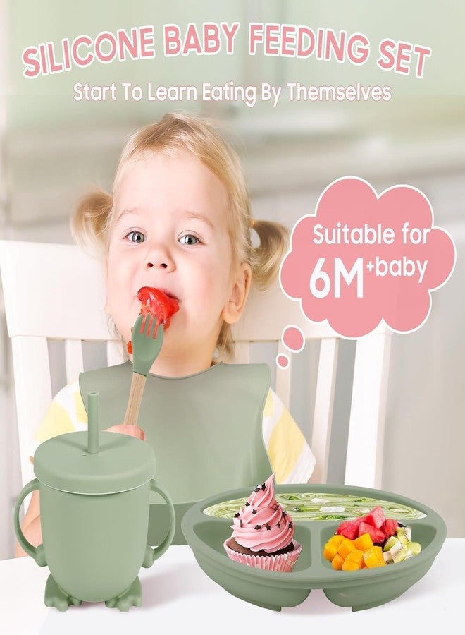 KRLZ Silicone Baby Feeding Set, Food Grade BPA Free Essentials for Toddler Kids, Weaning Supplies Include Baby Plates and Bowls Baby Bib Suction Divided Plates Soft Bowl Spoons Forks (Green) - Image 5