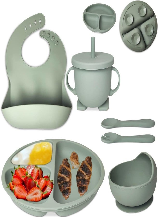KRLZ Silicone Baby Feeding Set, Food Grade BPA Free Essentials for Toddler Kids, Weaning Supplies Include Baby Plates and Bowls Baby Bib Suction Divided Plates Soft Bowl Spoons Forks (Green) - Image 1
