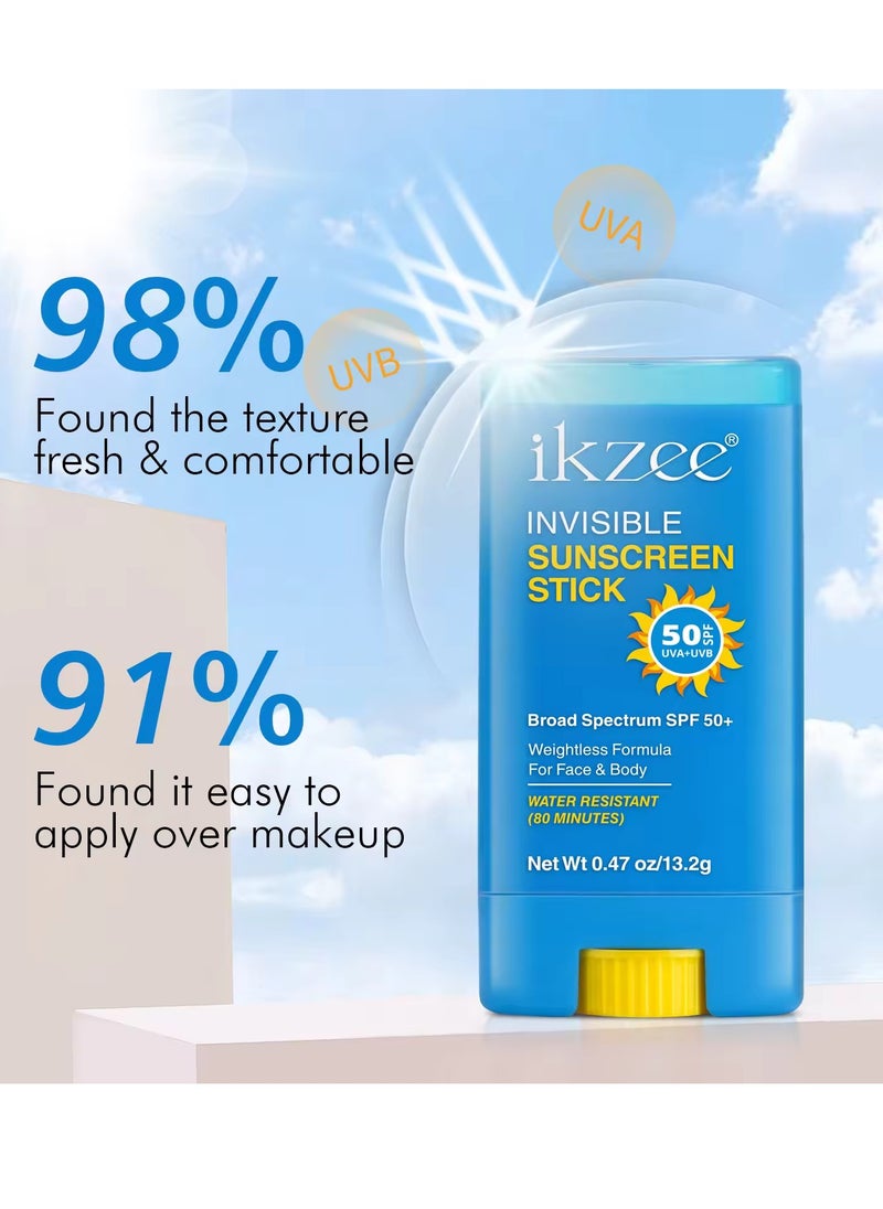 IKZEE - Invisible Sunscreen Stick SPF 50+ for Face and Body UVA UVB Protection Dry and Wet Application Dry Touch Formula with Vitamin E Long Lasting 80Min Water Resistant Sunscreen Cream 13.2g - Image 1