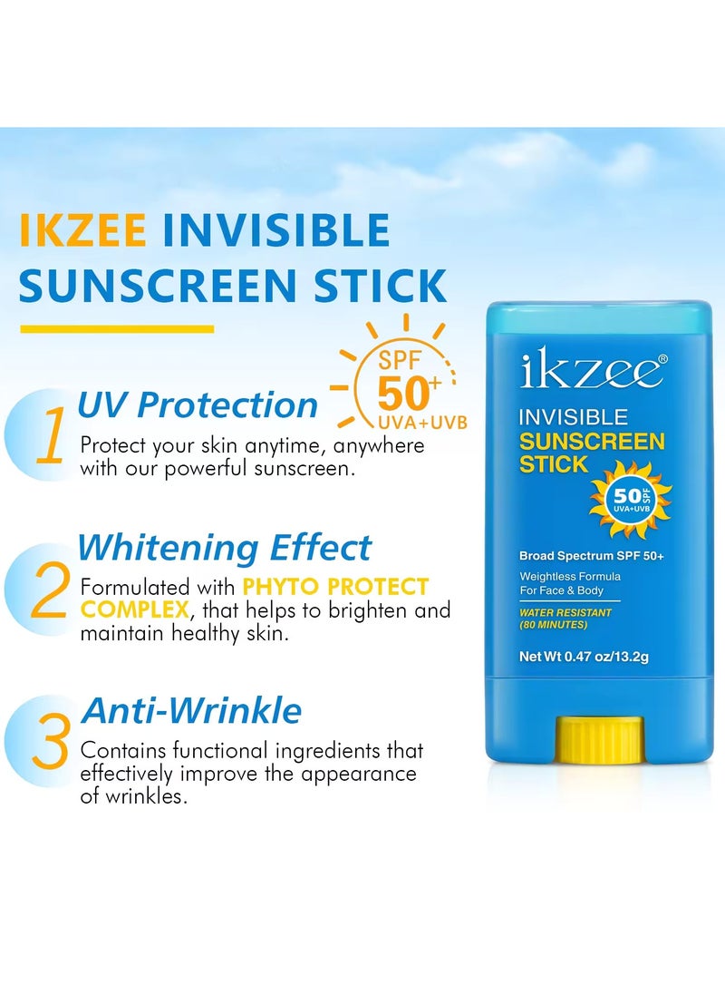 IKZEE - Invisible Sunscreen Stick SPF 50+ for Face and Body UVA UVB Protection Dry and Wet Application Dry Touch Formula with Vitamin E Long Lasting 80Min Water Resistant Sunscreen Cream 13.2g - Image 1