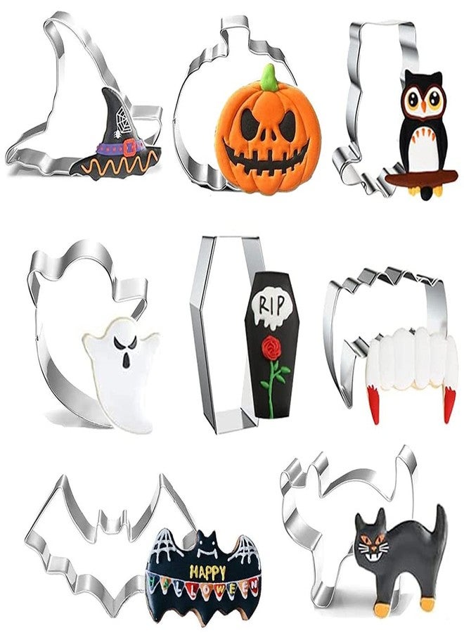 kukifun 8Pack Halloween Cookie Cutter Set, Large Stainless Steel Biscuit Molds with Pumpkin, Witch Hat, Bat, Cat, Ghost, Coffin, Vampire Teeth, Owl for Halloween Birthday Party Cake Decoration - Image 1