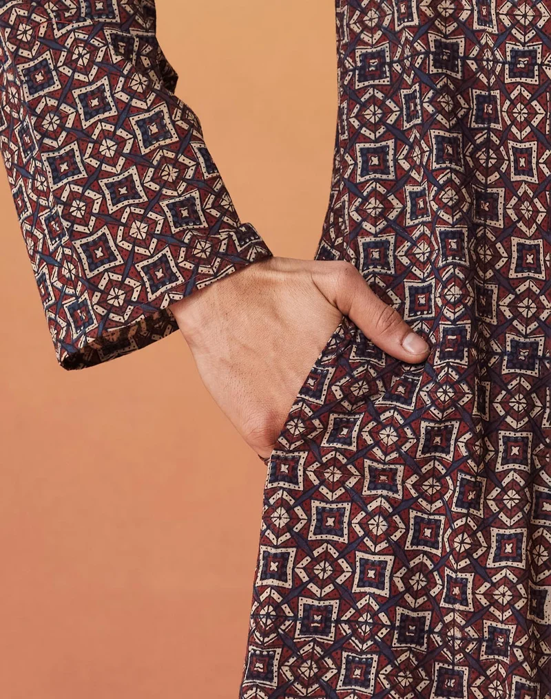 Fabindia Blue Cotton Ajrakh Printed Long Kurta
