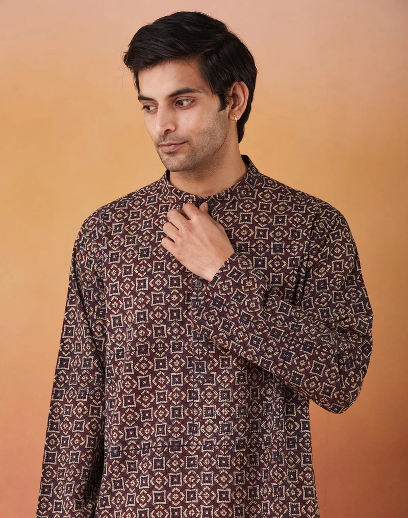 Fabindia Blue Cotton Ajrakh Printed Long Kurta