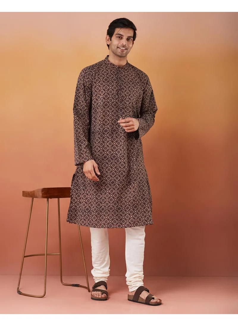 فاب انديا Blue Cotton Ajrakh Printed Long Kurta