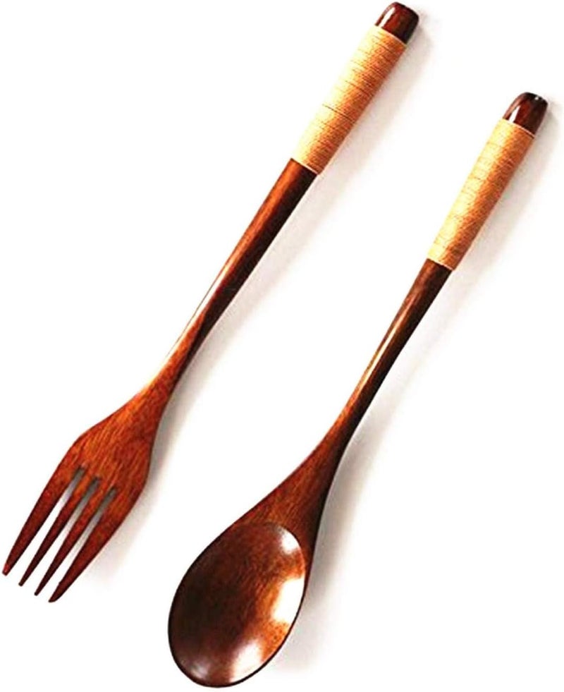XMHF Wooden Spoons Forks Set Kitchen Tableware Dinnerware Flatware Natural Wood Cutlery Wooden Dinner Utensil Set 2 Spoons and 2 Forks Brown Tied Line - Image 3