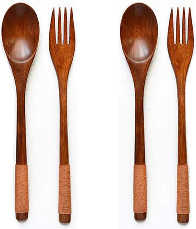 XMHF Wooden Spoons Forks Set Kitchen Tableware Dinnerware Flatware Natural Wood Cutlery Wooden Dinner Utensil Set 2 Spoons and 2 Forks Brown Tied Line - Image 1