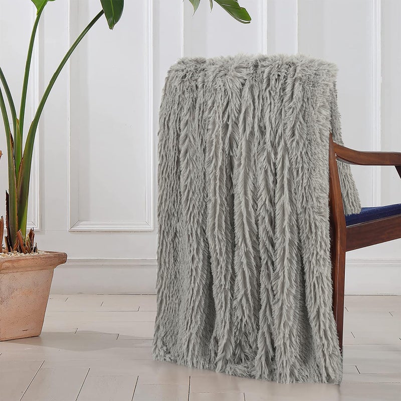 Tuddrom Decorative Extra Soft Faux Fur Blanket Twin Size 70"" x 78"" Solid Reversible Fuzzy Long Hair Shaggy Blanket Fluffy Cozy Plush Fleece Comfy Microfiber Blanket for Couch Sofa Bed Quiet Grey - Image 5