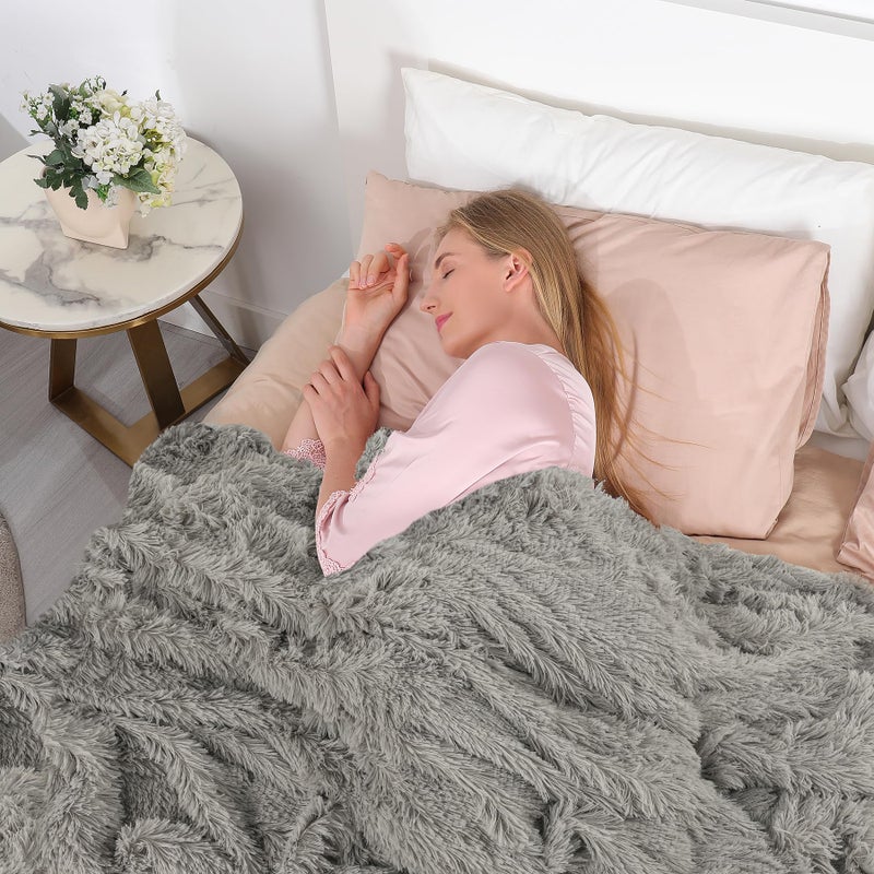 Tuddrom Decorative Extra Soft Faux Fur Blanket Twin Size 70"" x 78"" Solid Reversible Fuzzy Long Hair Shaggy Blanket Fluffy Cozy Plush Fleece Comfy Microfiber Blanket for Couch Sofa Bed Quiet Grey - Image 4