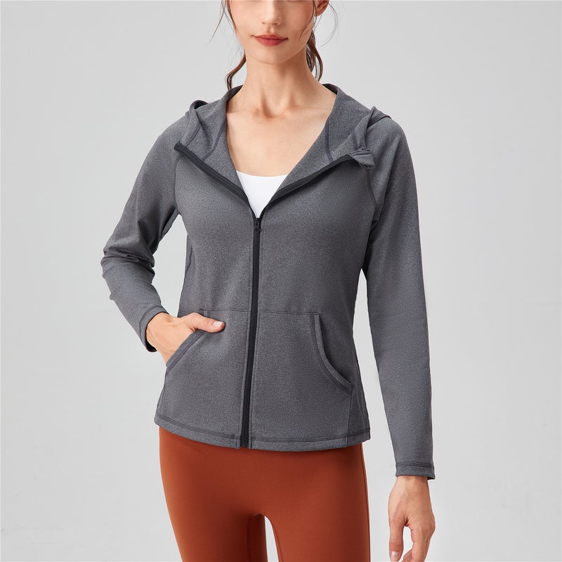 Women's hooded sports jacket with full zipper pockets, slim fit and slimming yoga suit jacket, quick drying running fitness suit - Image 1