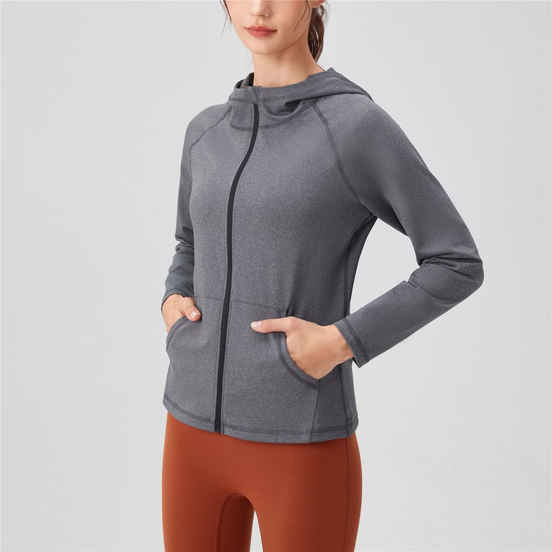 Women's hooded sports jacket with full zipper pockets, slim fit and slimming yoga suit jacket, quick drying running fitness suit - Image 2