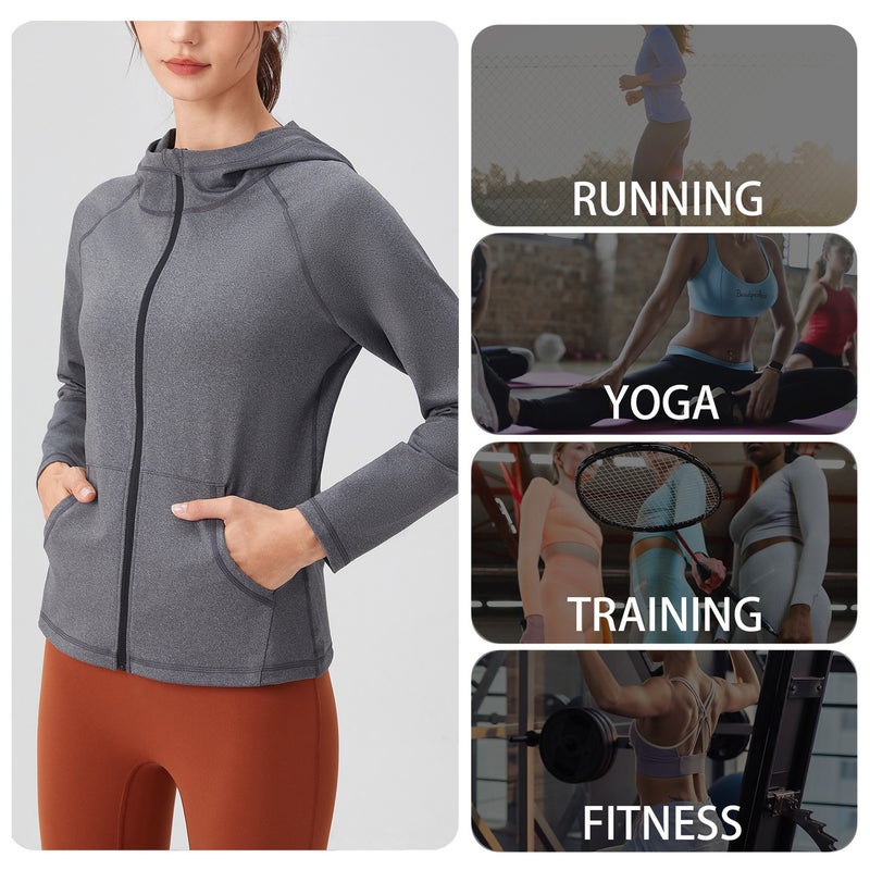 Women's hooded sports jacket with full zipper pockets, slim fit and slimming yoga suit jacket, quick drying running fitness suit - Image 4