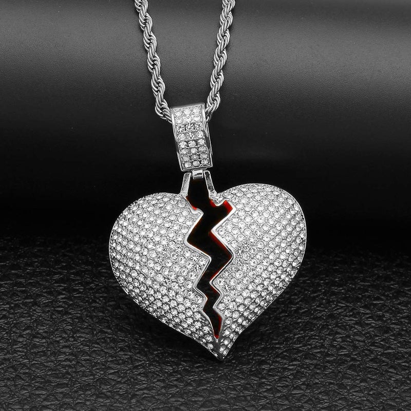 PAMTIER Men's Silver Plated Iced Out Full Diamond Broken Heart Pendant Necklace Chain Charming Hip Hop Jewelry - Image 5