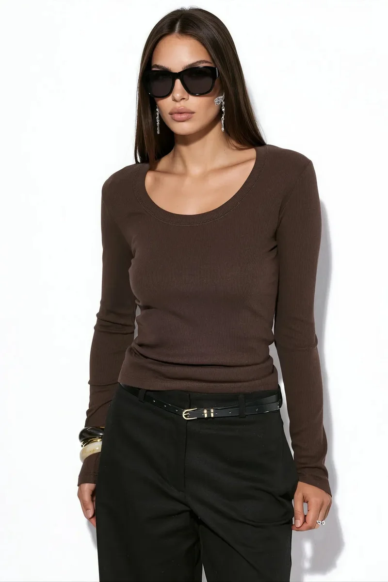 BUSEM Women's Ribbed Slim-Fit Long-Sleeve Top