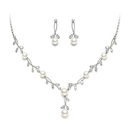 EVER FAITH CZ Crystal Cream Simulated Pearl Floral Vine Filigree Necklace Earrings Set Clear Silver-Plated-Brass - Image 1