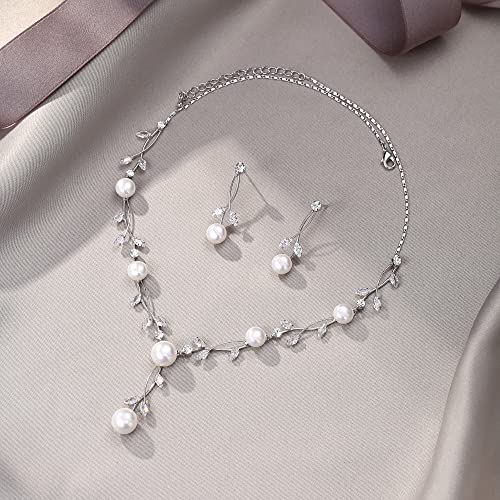 EVER FAITH CZ Crystal Cream Simulated Pearl Floral Vine Filigree Necklace Earrings Set Clear Silver-Plated-Brass - Image 5