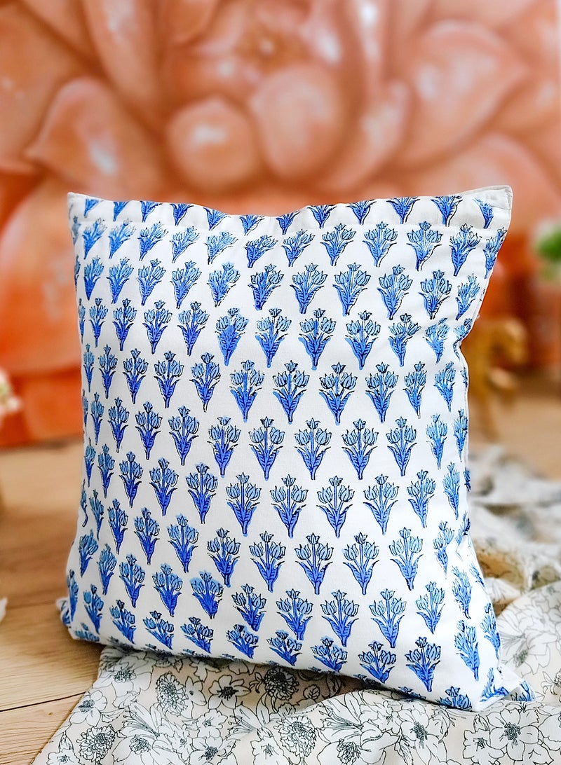 OJARIYA Premium Organic Cotton Non-Allergenic Quilted Hand Block Printed Cushion Cover 40 Cm X 40 Cm Indigo And White  - Image 3
