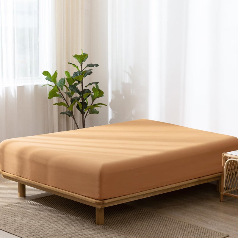 MooMee Fitted Bottom Sheet Only 100% Washed Cotton Linen Like Textured Breathable Durable Soft Comfy Deep Pocket Fits Mattress up to 17"" (Burnt Orange  King) - Image 3