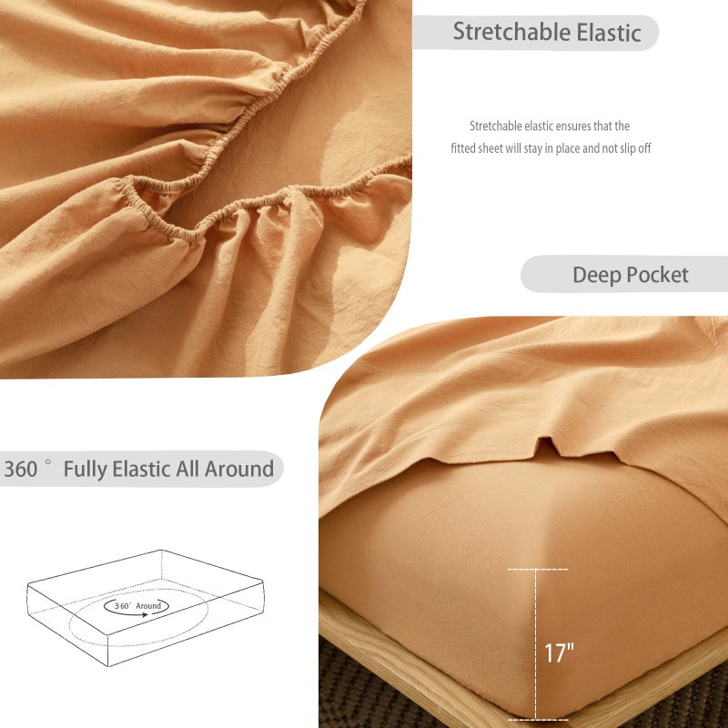 MooMee Fitted Bottom Sheet Only 100% Washed Cotton Linen Like Textured Breathable Durable Soft Comfy Deep Pocket Fits Mattress up to 17"" (Burnt Orange  King) - Image 4